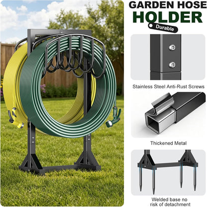 Garden Hose Holder Holds 2 x 151FT Hoses, Heavy-Duty Metal Freestanding Hose Stand Hanger with Stable Base, Rustproof Double Water Hose Holders for Outside Yard Lawn Farm, Black