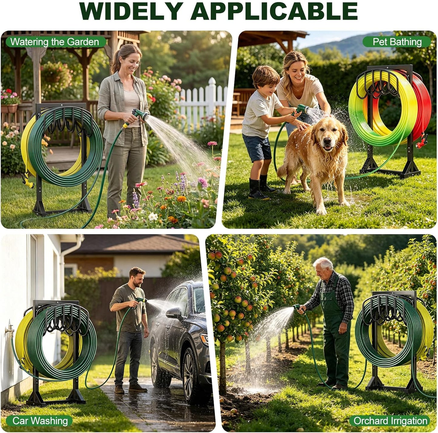 Garden Hose Holder Holds 2 x 151FT Hoses, Heavy-Duty Metal Freestanding Hose Stand Hanger with Stable Base, Rustproof Double Water Hose Holders for Outside Yard Lawn Farm, Black