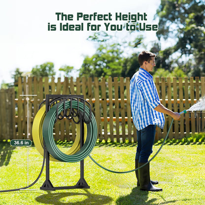 Garden Hose Holder Holds 2 x 151FT Hoses, Heavy-Duty Metal Freestanding Hose Stand Hanger with Stable Base, Rustproof Double Water Hose Holders for Outside Yard Lawn Farm, Black