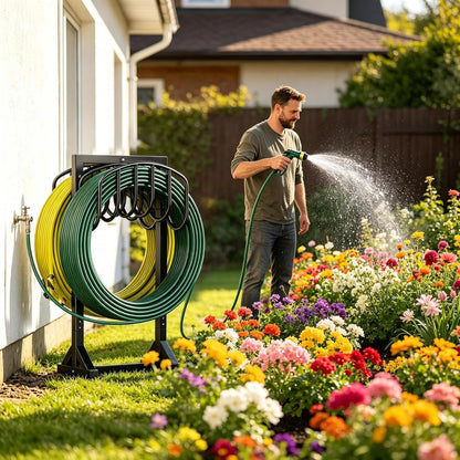 Garden Hose Holder Holds 2 x 151FT Hoses, Heavy-Duty Metal Freestanding Hose Stand Hanger with Stable Base, Rustproof Double Water Hose Holders for Outside Yard Lawn Farm, Black