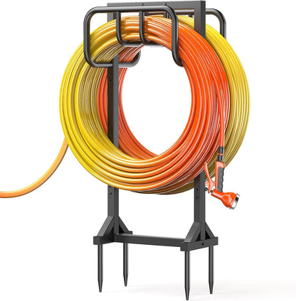 Garden Hose Holder Holds 2 x 151FT Hoses, Heavy-Duty Metal Freestanding Hose Stand Hanger with Stable Base, Rustproof Double Water Hose Holders for Outside Yard Lawn Farm, Black