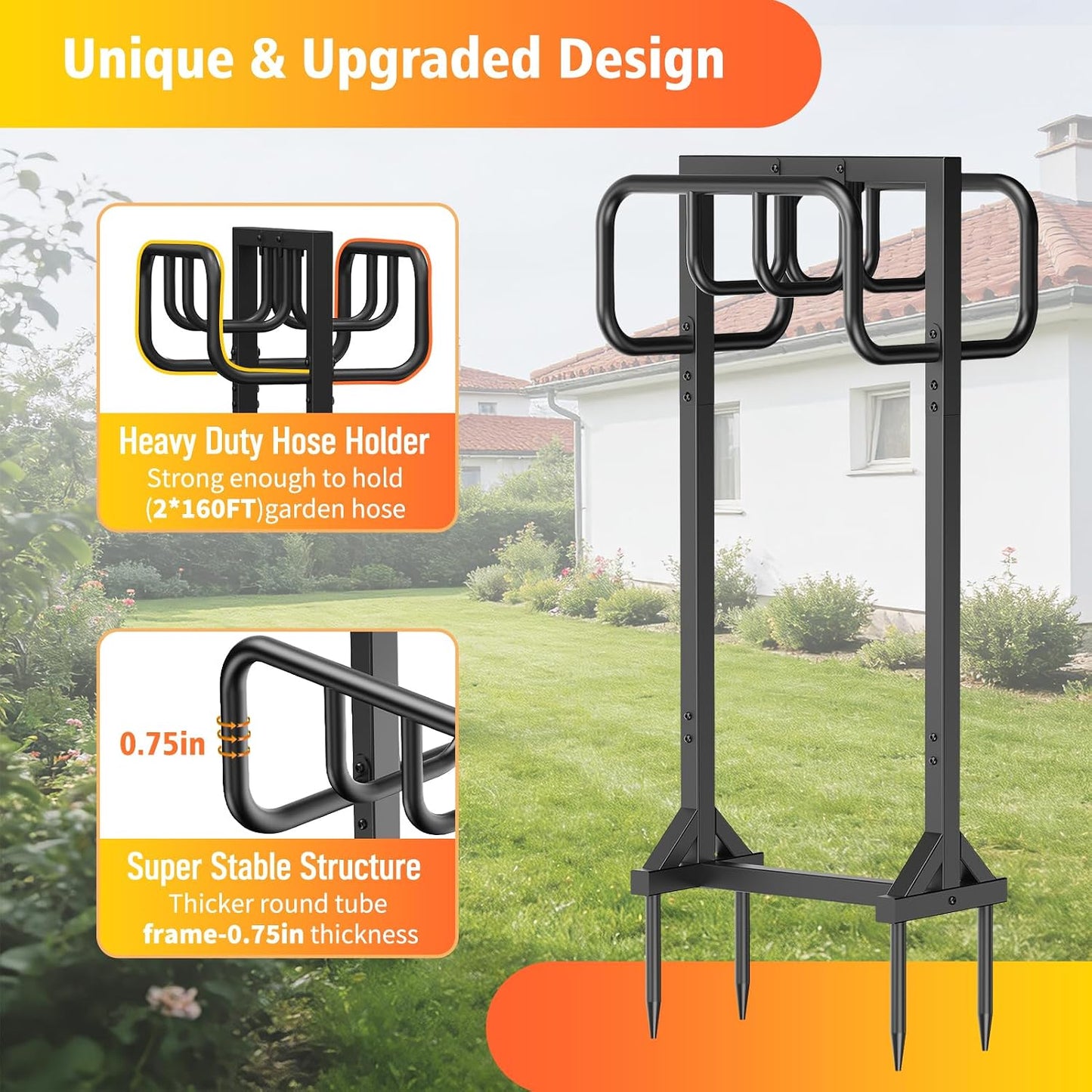 Garden Hose Holder Holds 2 x 151FT Hoses, Heavy-Duty Metal Freestanding Hose Stand Hanger with Stable Base, Rustproof Double Water Hose Holders for Outside Yard Lawn Farm, Black