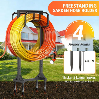 Garden Hose Holder Holds 2 x 151FT Hoses, Heavy-Duty Metal Freestanding Hose Stand Hanger with Stable Base, Rustproof Double Water Hose Holders for Outside Yard Lawn Farm, Black