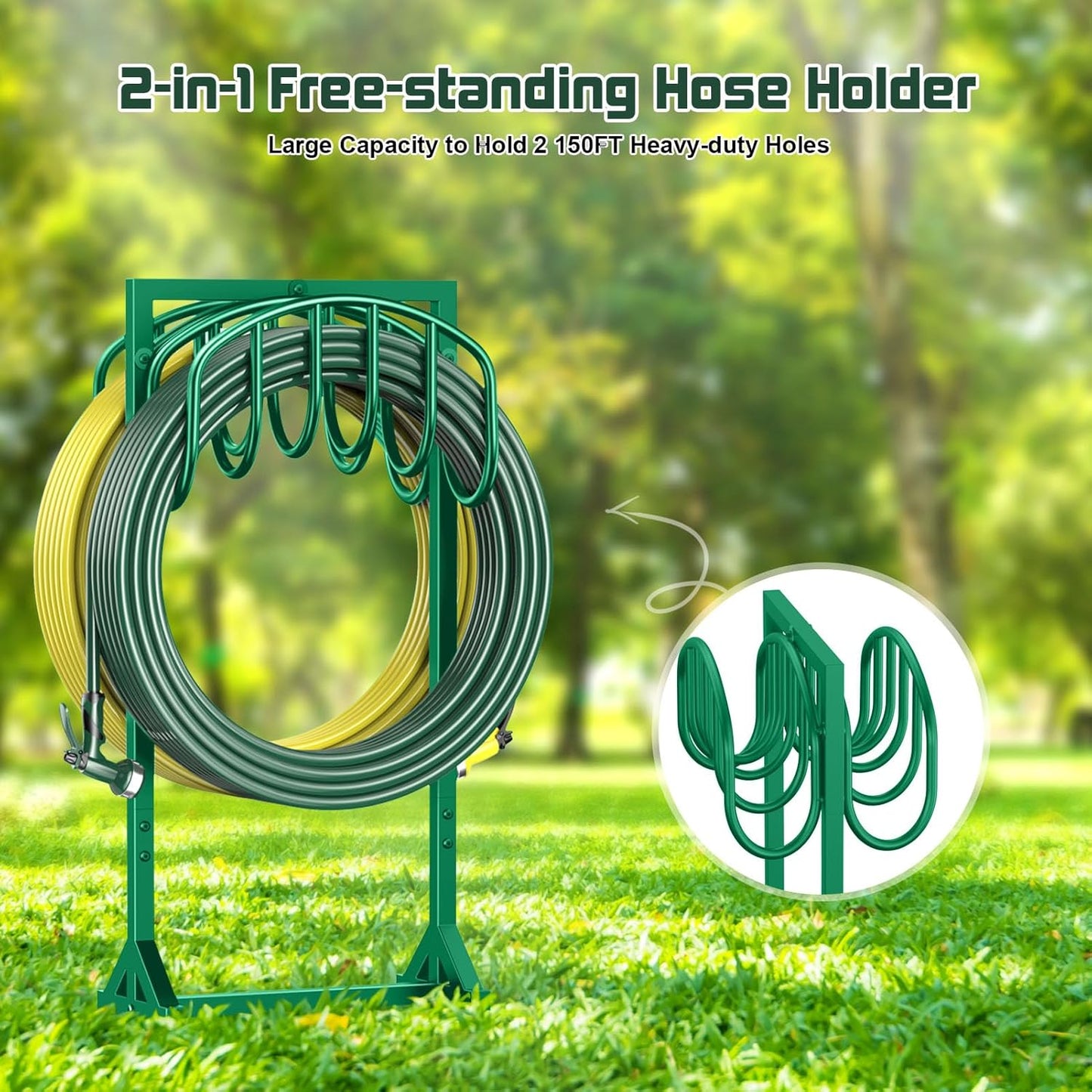 Garden Hose Holder Holds 2 x 151FT Hoses, Heavy-Duty Metal Freestanding Hose Stand Hanger with Stable Base, Rustproof Double Water Hose Holders for Outside Yard Lawn Farm, Black