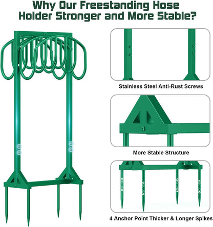 Garden Hose Holder Holds 2 x 151FT Hoses, Heavy-Duty Metal Freestanding Hose Stand Hanger with Stable Base, Rustproof Double Water Hose Holders for Outside Yard Lawn Farm, Black