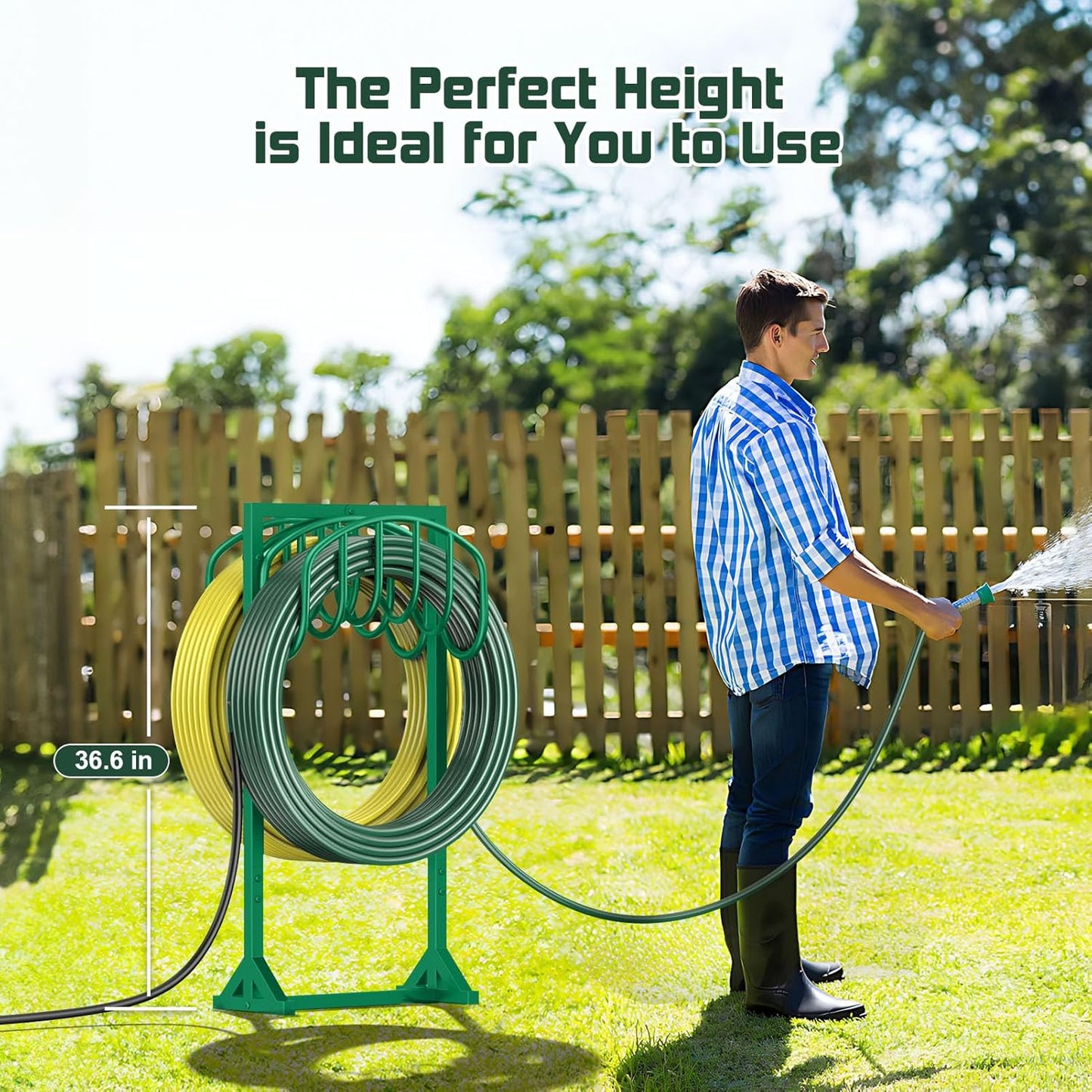Garden Hose Holder Holds 2 x 151FT Hoses, Heavy-Duty Metal Freestanding Hose Stand Hanger with Stable Base, Rustproof Double Water Hose Holders for Outside Yard Lawn Farm, Black