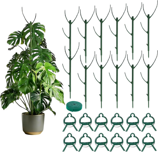 Tree Branch Plant Support Stakes – Stackable Plant Support Sticks with Clips & Velcro Tie – Natural Aesthetic Extendable Trellis for Indoor Plants, Monstera, Pot (Green-12 Pack)