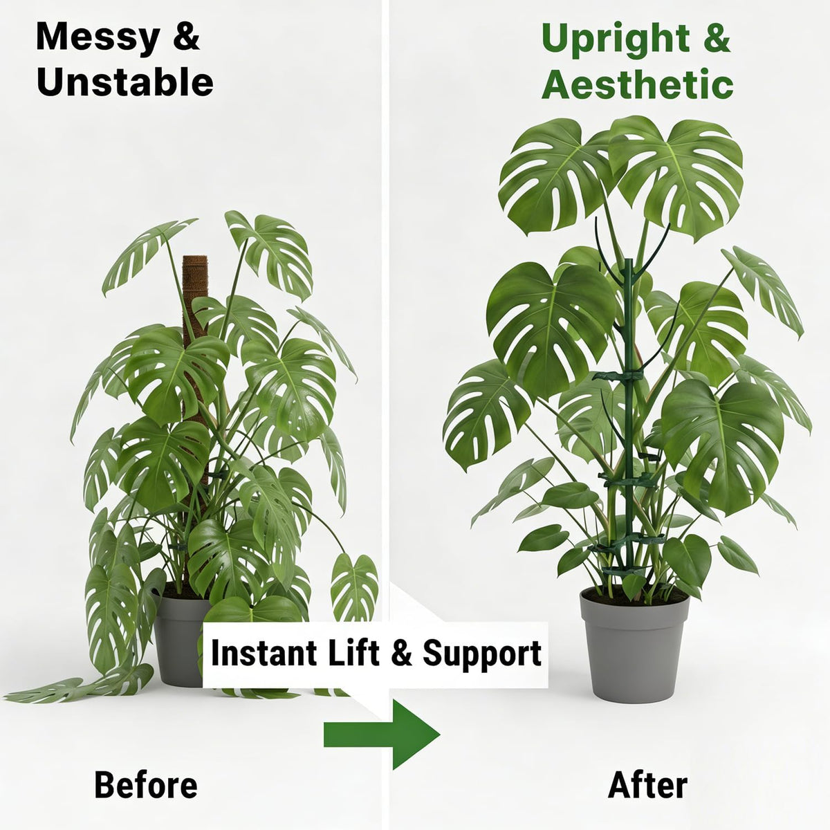 Tree Branch Plant Support Stakes – Stackable Plant Support Sticks with Clips & Velcro Tie – Natural Aesthetic Extendable Trellis for Indoor Plants, Monstera, Pot (Green-12 Pack)