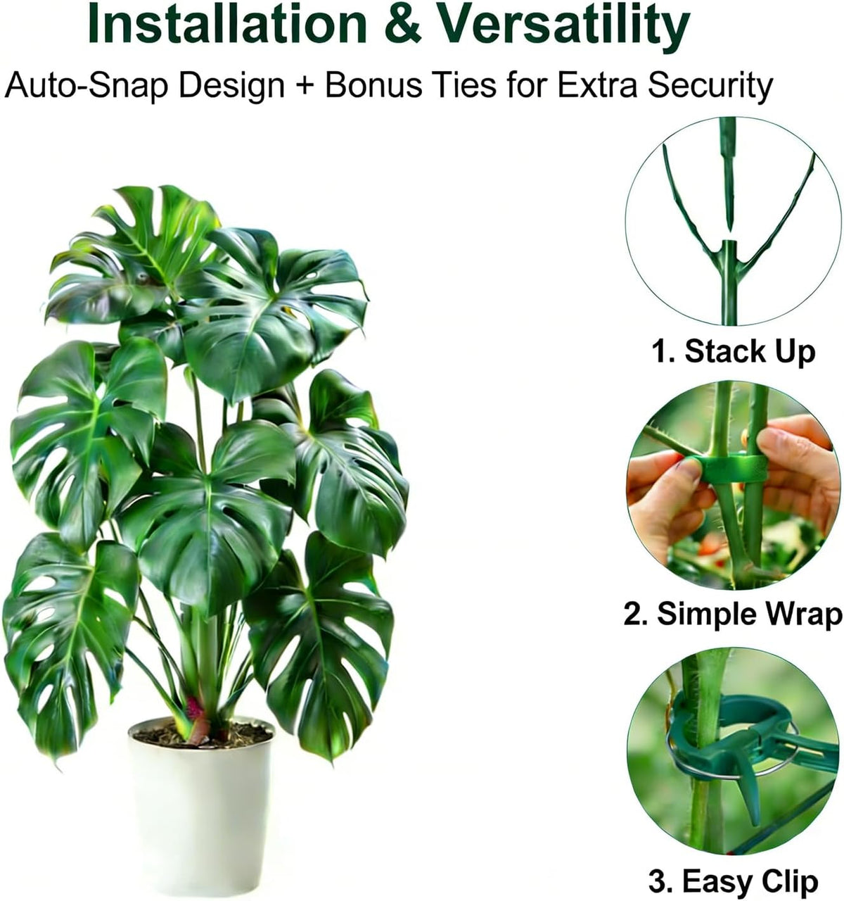 Tree Branch Plant Support Stakes – Stackable Plant Support Sticks with Clips & Velcro Tie – Natural Aesthetic Extendable Trellis for Indoor Plants, Monstera, Pot (Green-12 Pack)