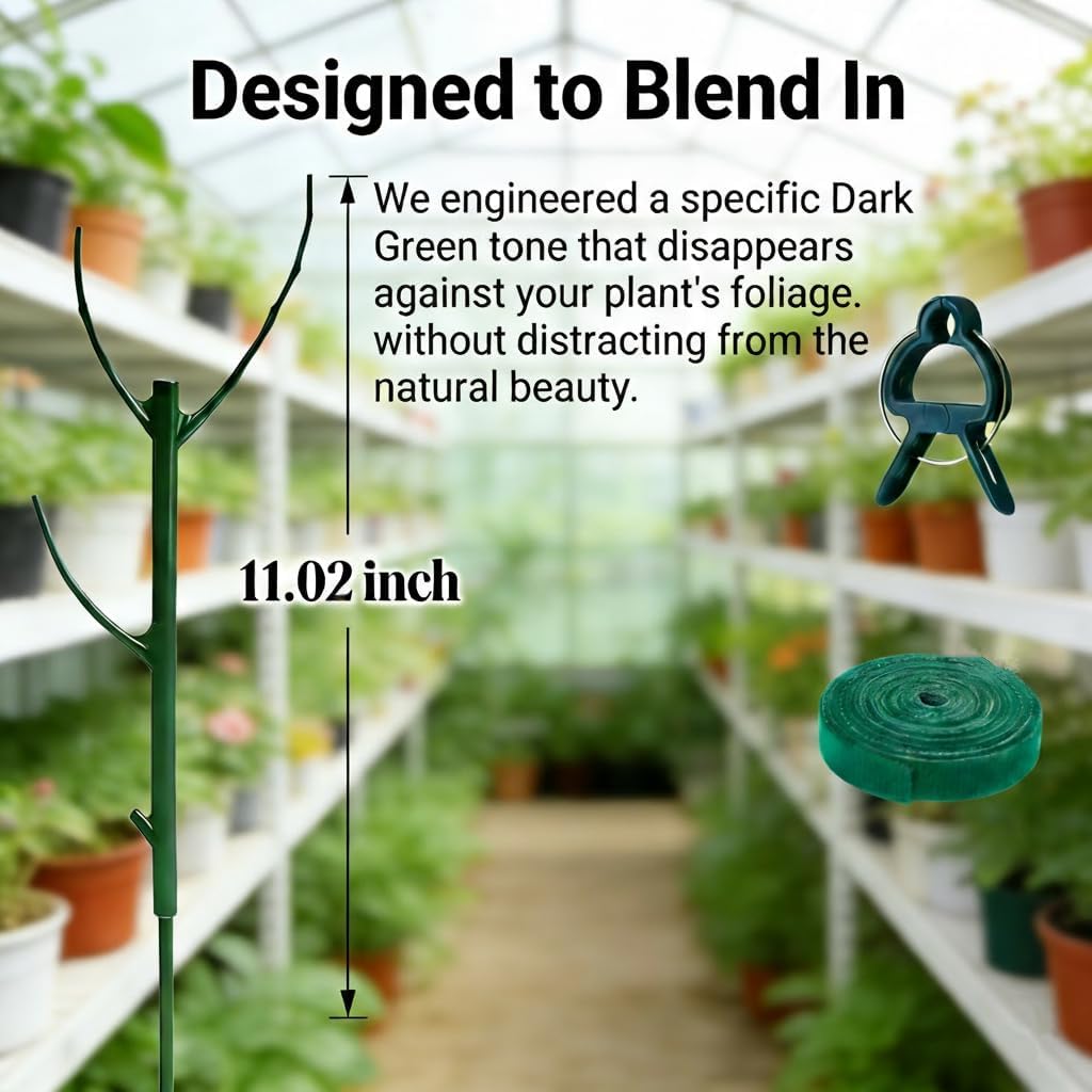 Tree Branch Plant Support Stakes – Stackable Plant Support Sticks with Clips & Velcro Tie – Natural Aesthetic Extendable Trellis for Indoor Plants, Monstera, Pot (Green-12 Pack)