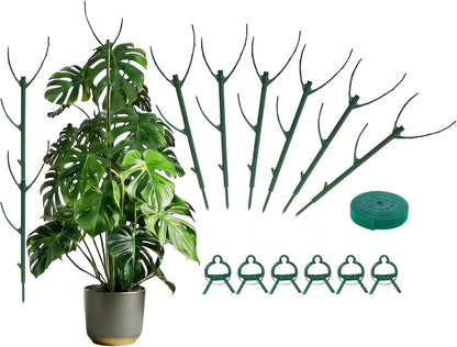 Tree Branch Plant Support Stakes – Stackable Plant Support Sticks with Clips & Velcro Tie – Natural Aesthetic Extendable Trellis for Indoor Plants, Monstera, Pot (Green-12 Pack)