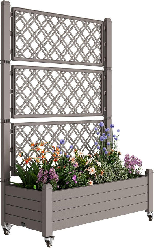 Resin Raised Garden Bed with Trellis and Wheels - Plasitc Planter Box with Trellis Outdoor with Drainage Holes & Water Monitor for Climbing Plants, Flower, Medium Gray(61.2" H)