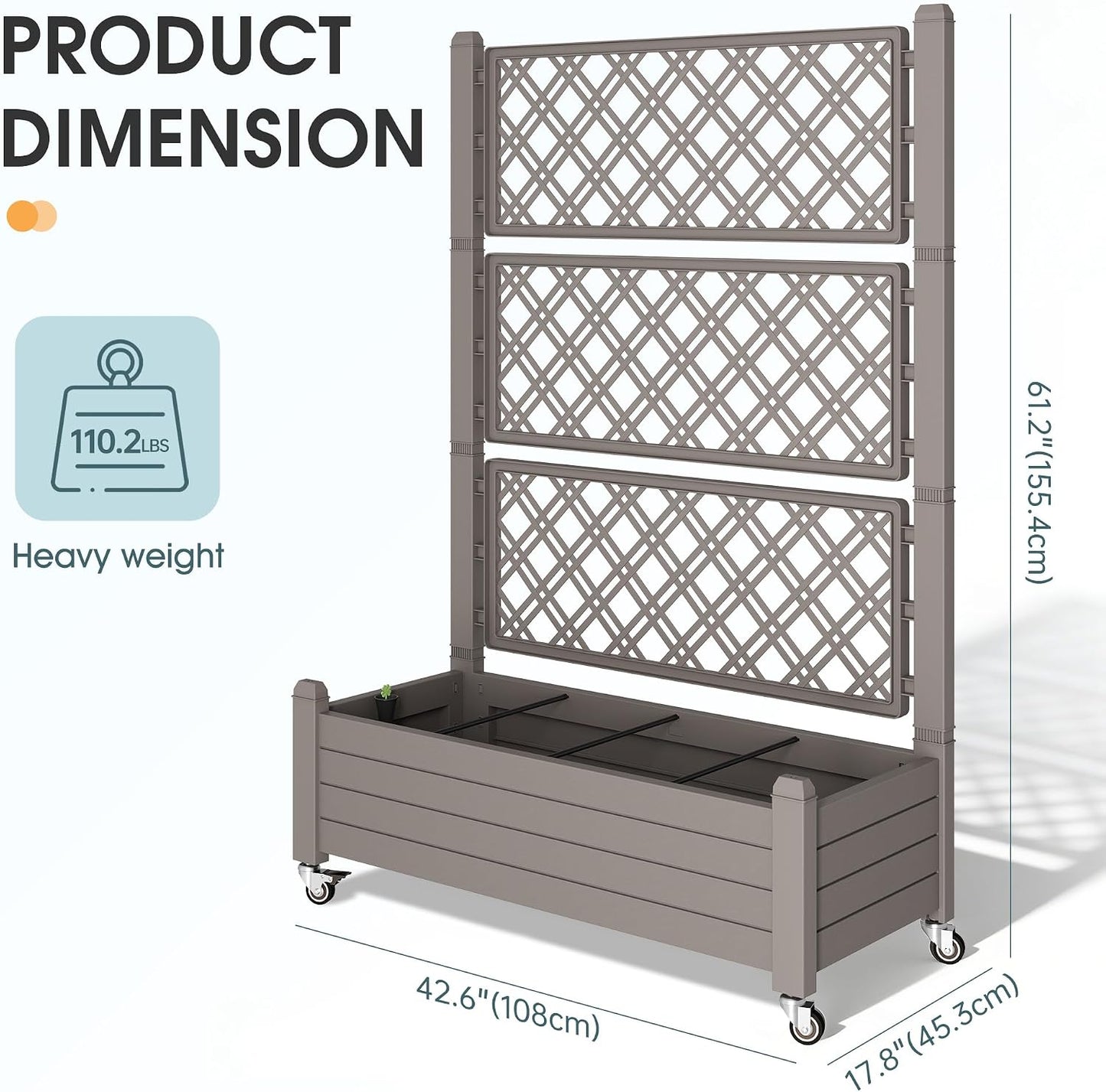 Resin Raised Garden Bed with Trellis and Wheels - Plasitc Planter Box with Trellis Outdoor with Drainage Holes & Water Monitor for Climbing Plants, Flower, Medium Gray(61.2" H)