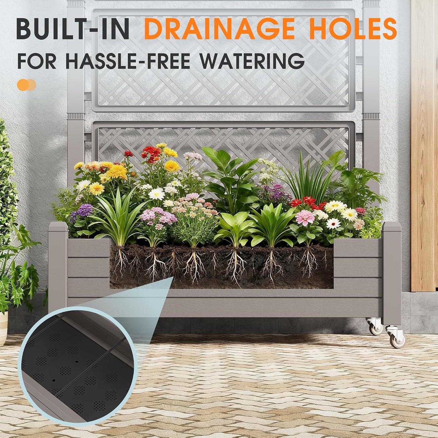 Resin Raised Garden Bed with Trellis and Wheels - Plasitc Planter Box with Trellis Outdoor with Drainage Holes & Water Monitor for Climbing Plants, Flower, Medium Gray(61.2" H)