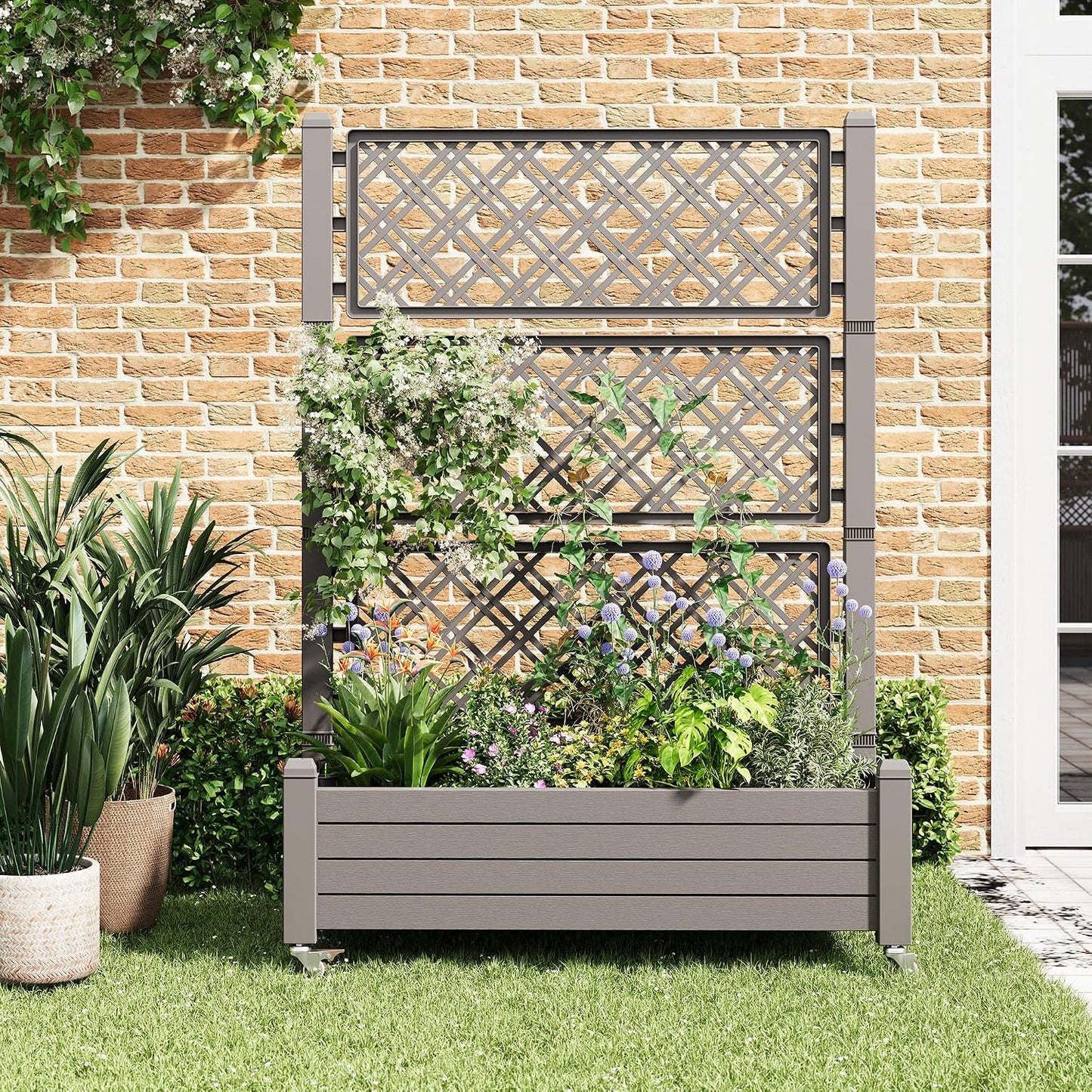Resin Raised Garden Bed with Trellis and Wheels - Plasitc Planter Box with Trellis Outdoor with Drainage Holes & Water Monitor for Climbing Plants, Flower, Medium Gray(61.2" H)