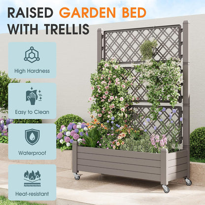 Resin Raised Garden Bed with Trellis and Wheels - Plasitc Planter Box with Trellis Outdoor with Drainage Holes & Water Monitor for Climbing Plants, Flower, Medium Gray(61.2" H)