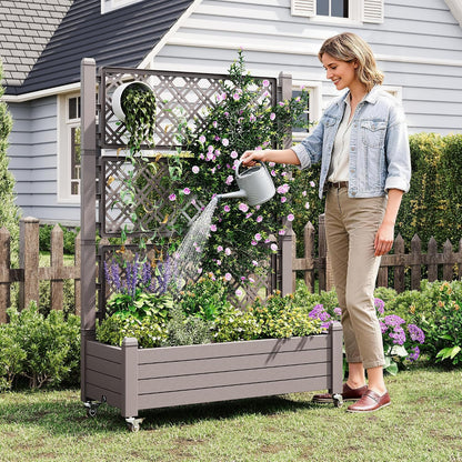 Resin Raised Garden Bed with Trellis and Wheels - Plasitc Planter Box with Trellis Outdoor with Drainage Holes & Water Monitor for Climbing Plants, Flower, Medium Gray(61.2" H)