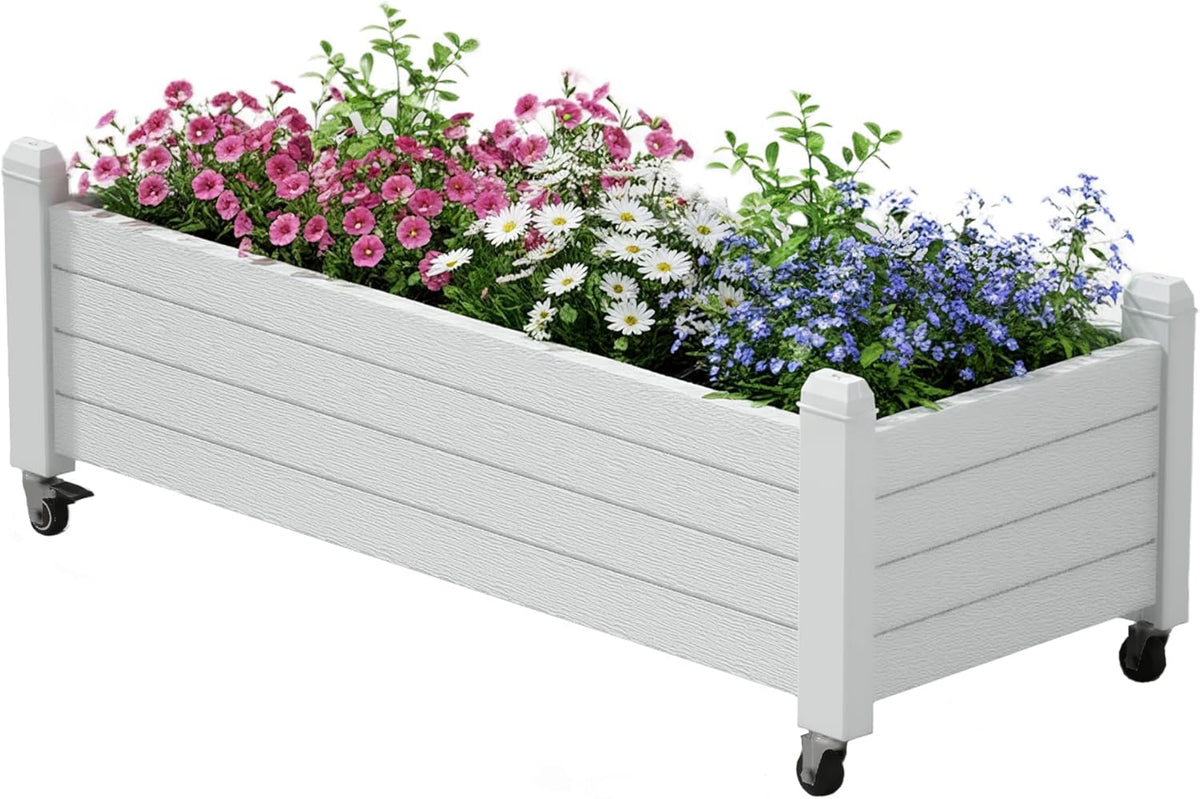 Resin Raised Garden Bed with Trellis and Wheels - Plasitc Planter Box with Trellis Outdoor with Drainage Holes & Water Monitor for Climbing Plants, Flower, Medium Gray(61.2" H)