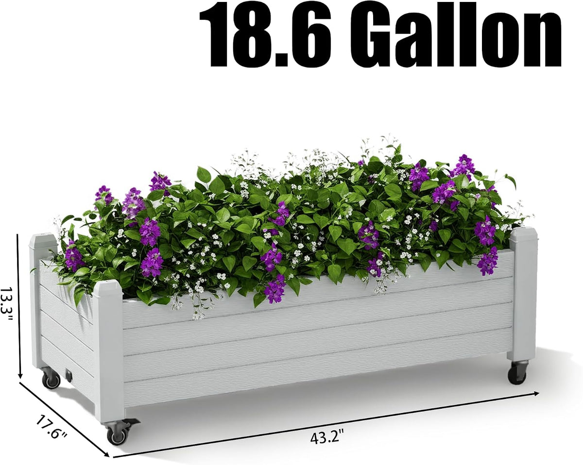 Resin Raised Garden Bed with Trellis and Wheels - Plasitc Planter Box with Trellis Outdoor with Drainage Holes & Water Monitor for Climbing Plants, Flower, Medium Gray(61.2" H)