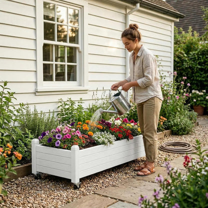 Resin Raised Garden Bed with Trellis and Wheels - Plasitc Planter Box with Trellis Outdoor with Drainage Holes & Water Monitor for Climbing Plants, Flower, Medium Gray(61.2" H)