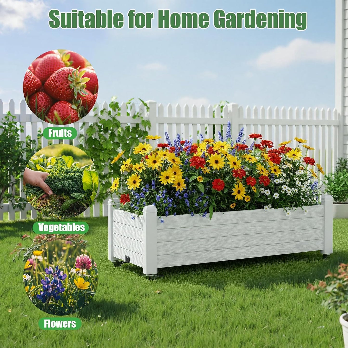 Resin Raised Garden Bed with Trellis and Wheels - Plasitc Planter Box with Trellis Outdoor with Drainage Holes & Water Monitor for Climbing Plants, Flower, Medium Gray(61.2" H)