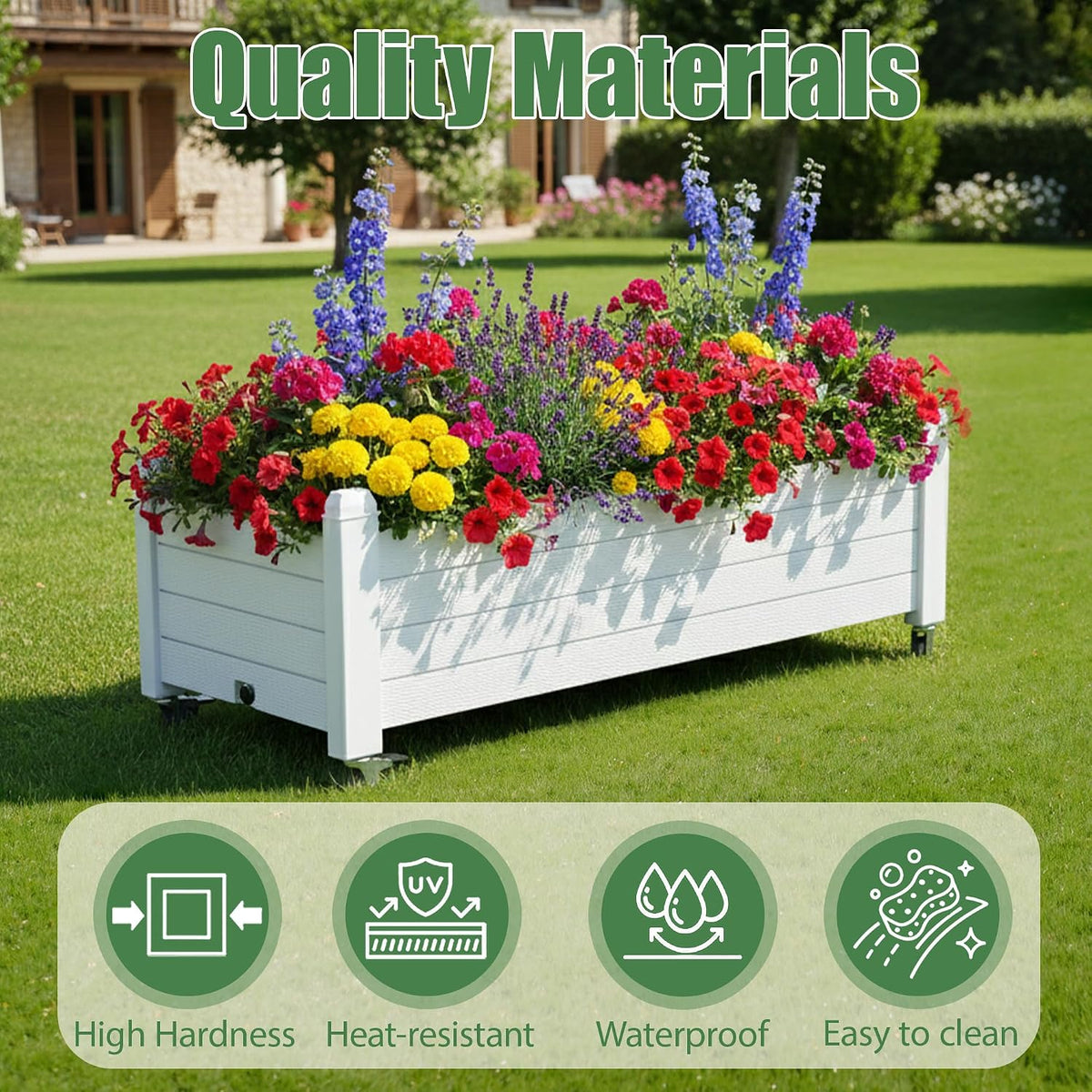 Resin Raised Garden Bed with Trellis and Wheels - Plasitc Planter Box with Trellis Outdoor with Drainage Holes & Water Monitor for Climbing Plants, Flower, Medium Gray(61.2" H)