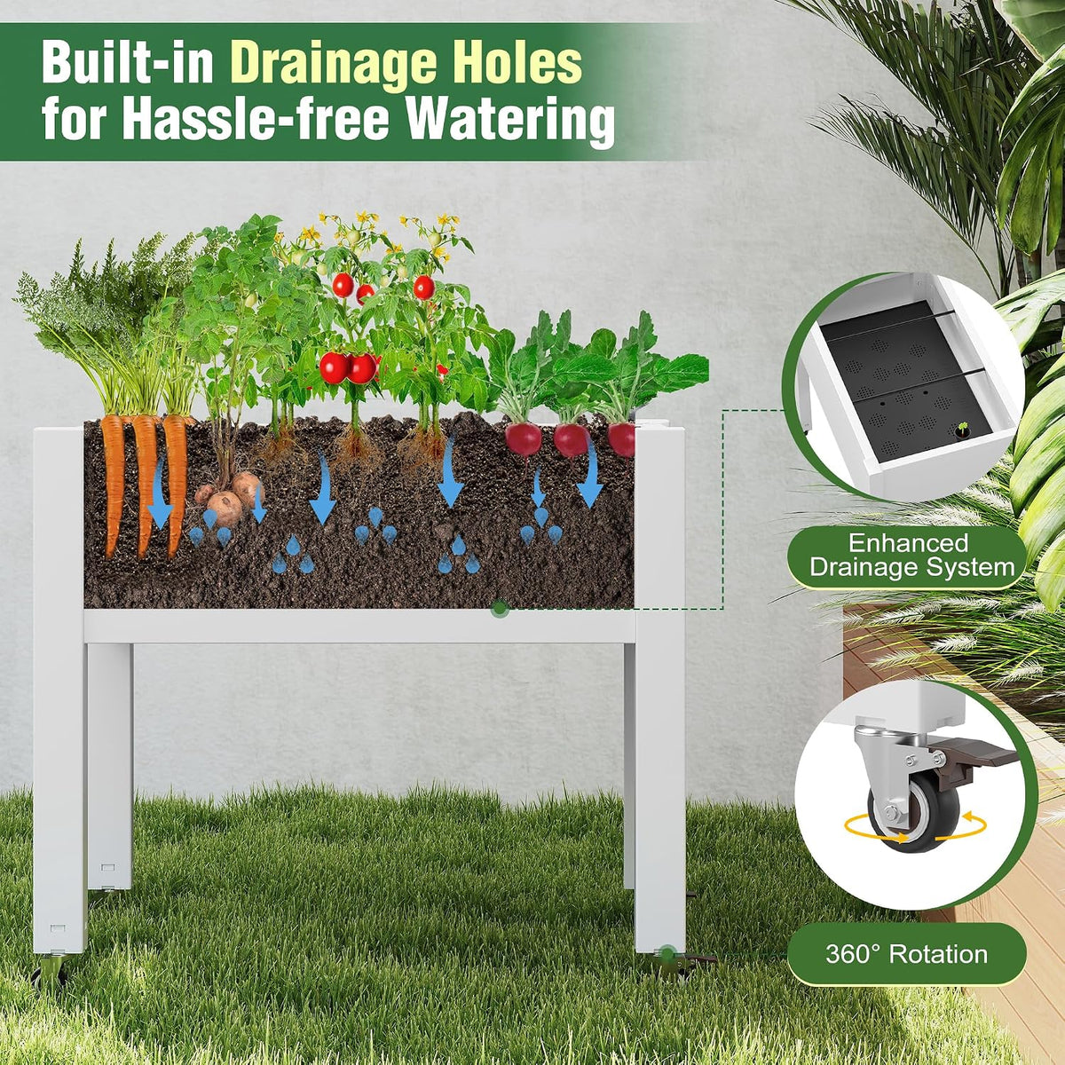 Resin Raised Garden Bed with Trellis and Wheels - Plasitc Planter Box with Trellis Outdoor with Drainage Holes & Water Monitor for Climbing Plants, Flower, Medium Gray(61.2" H)