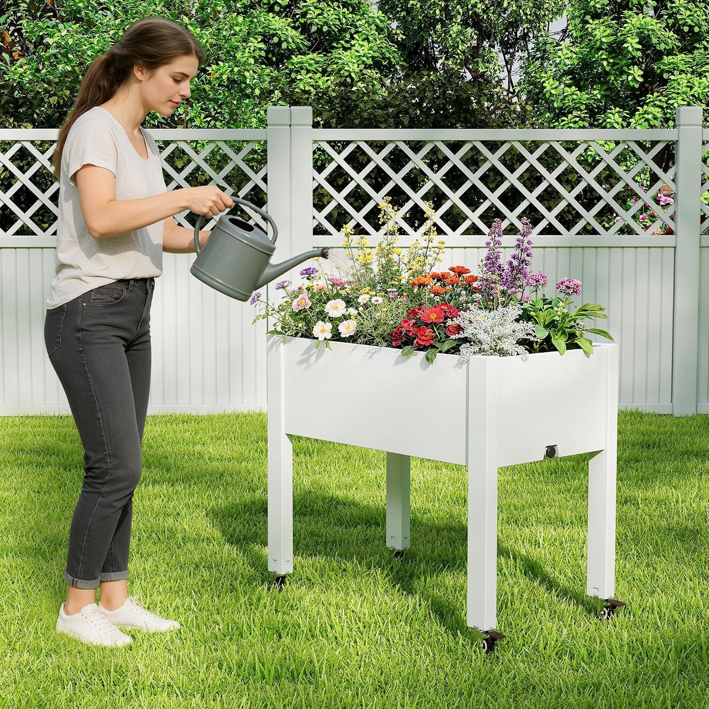 Resin Raised Garden Bed with Trellis and Wheels - Plasitc Planter Box with Trellis Outdoor with Drainage Holes & Water Monitor for Climbing Plants, Flower, Medium Gray(61.2" H)