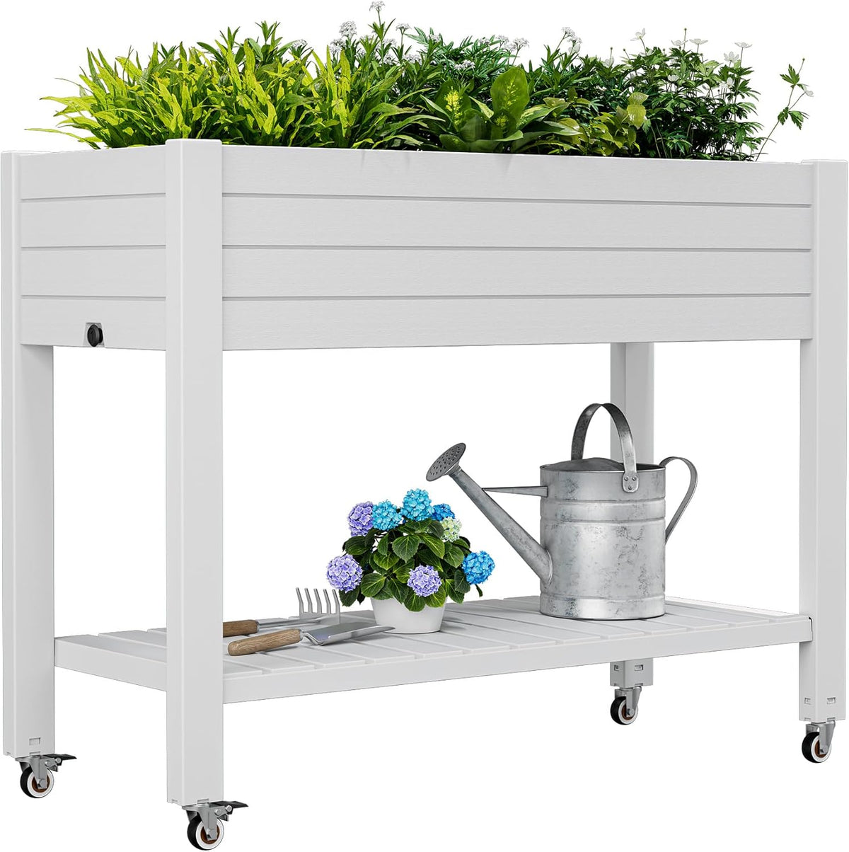 Resin Raised Garden Bed with Trellis and Wheels - Plasitc Planter Box with Trellis Outdoor with Drainage Holes & Water Monitor for Climbing Plants, Flower, Medium Gray(61.2" H)