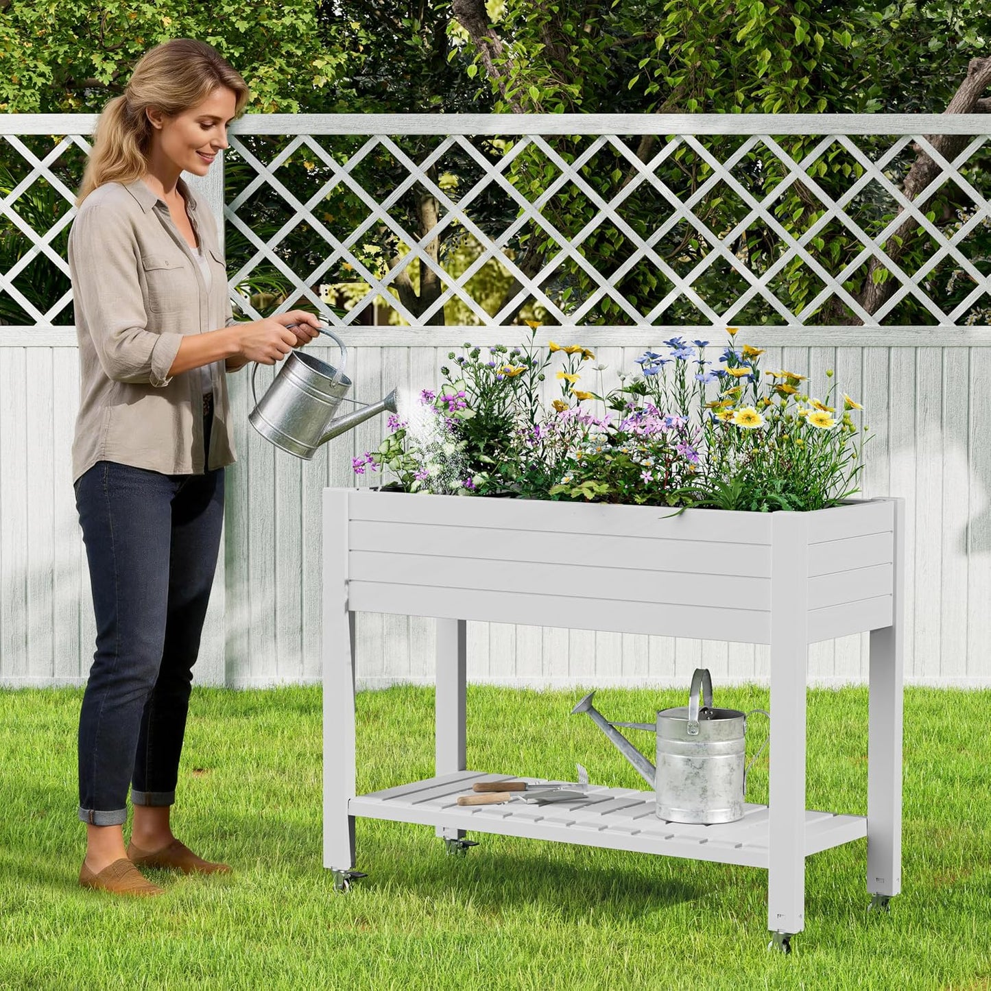 Resin Raised Garden Bed with Trellis and Wheels - Plasitc Planter Box with Trellis Outdoor with Drainage Holes & Water Monitor for Climbing Plants, Flower, Medium Gray(61.2" H)