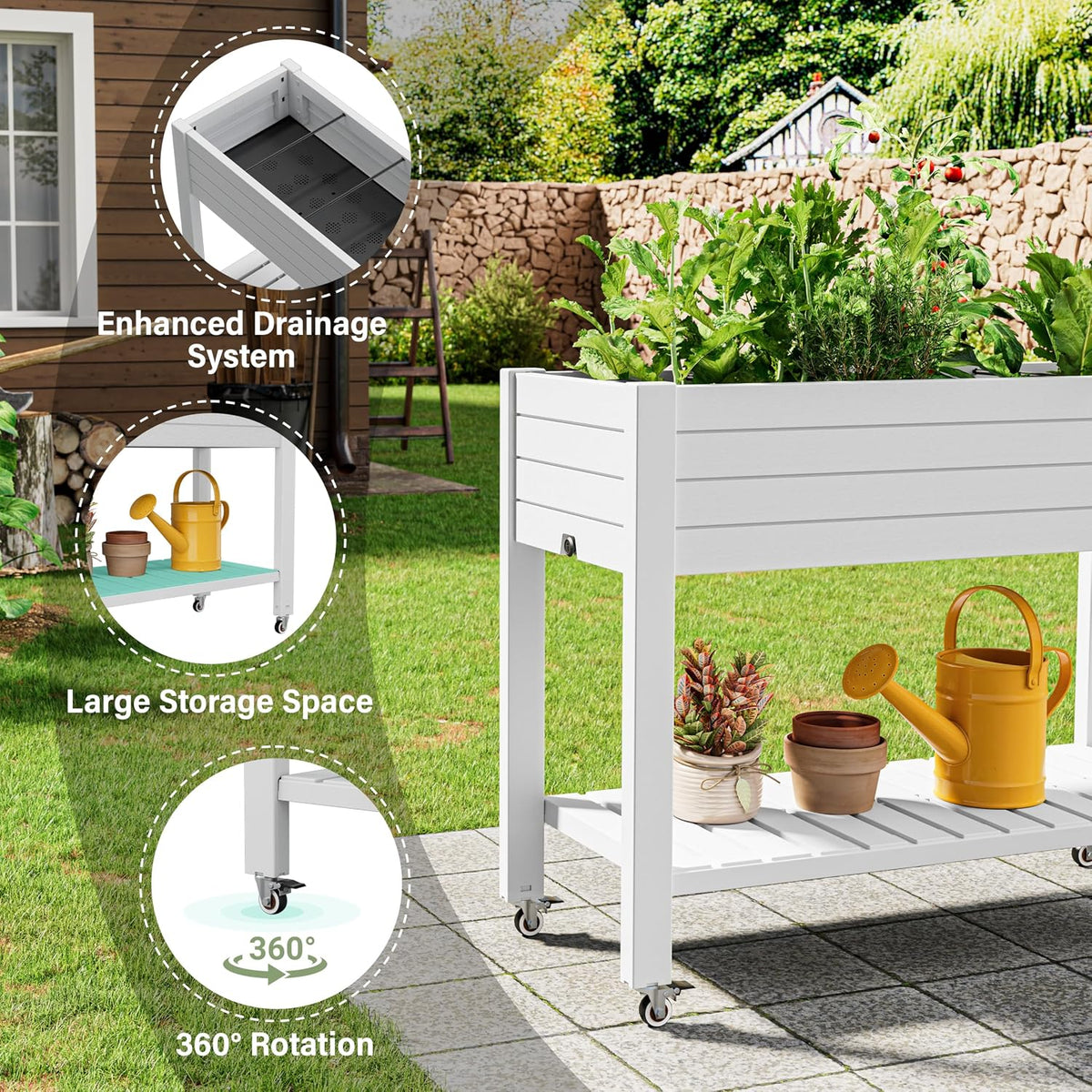 Resin Raised Garden Bed with Trellis and Wheels - Plasitc Planter Box with Trellis Outdoor with Drainage Holes & Water Monitor for Climbing Plants, Flower, Medium Gray(61.2" H)