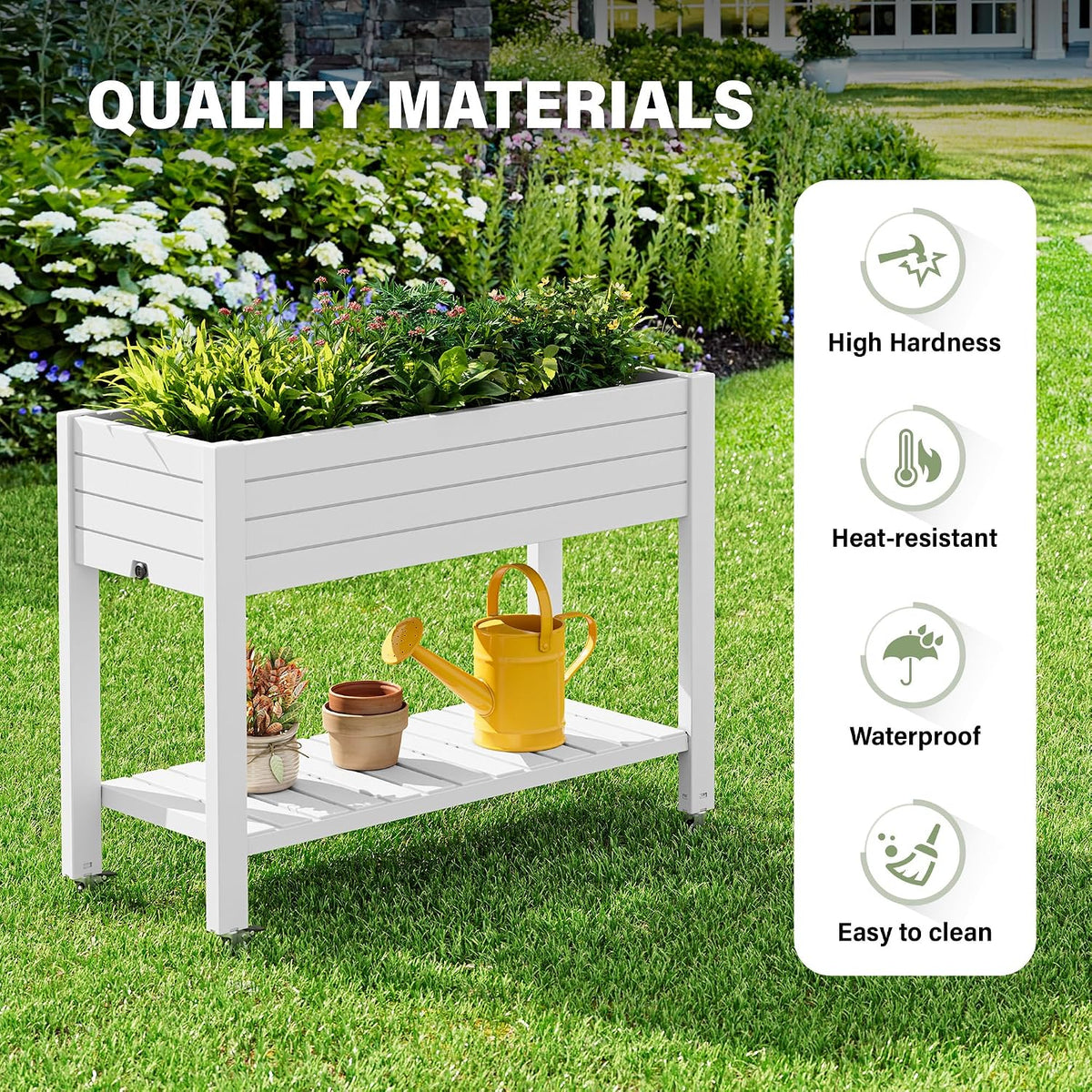 Resin Raised Garden Bed with Trellis and Wheels - Plasitc Planter Box with Trellis Outdoor with Drainage Holes & Water Monitor for Climbing Plants, Flower, Medium Gray(61.2" H)