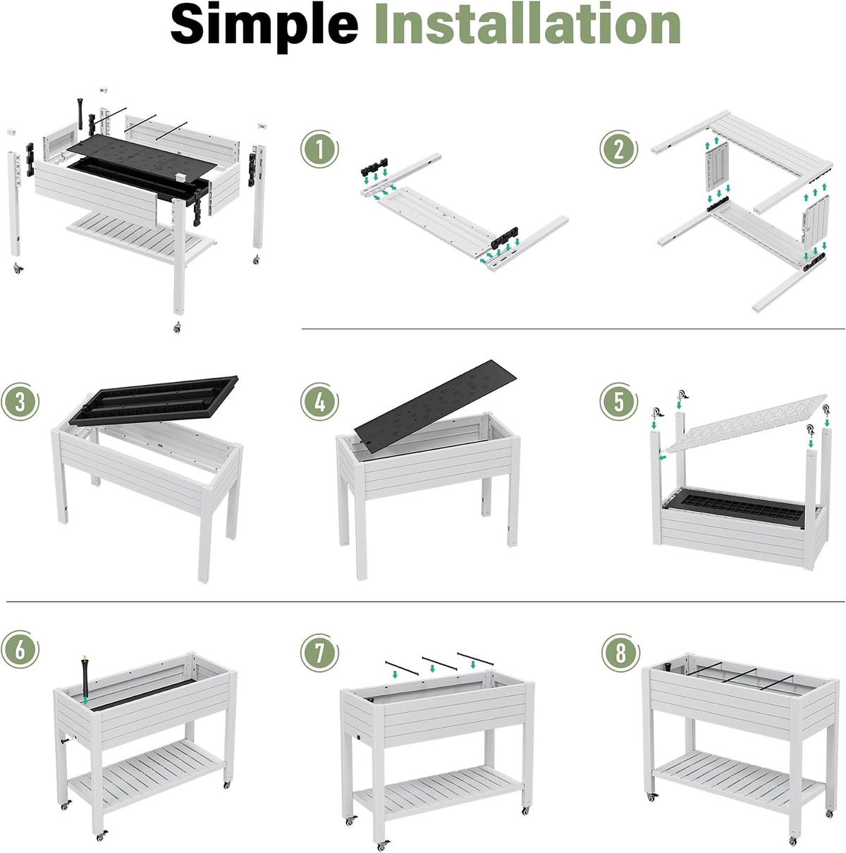 Resin Raised Garden Bed with Trellis and Wheels - Plasitc Planter Box with Trellis Outdoor with Drainage Holes & Water Monitor for Climbing Plants, Flower, Medium Gray(61.2" H)