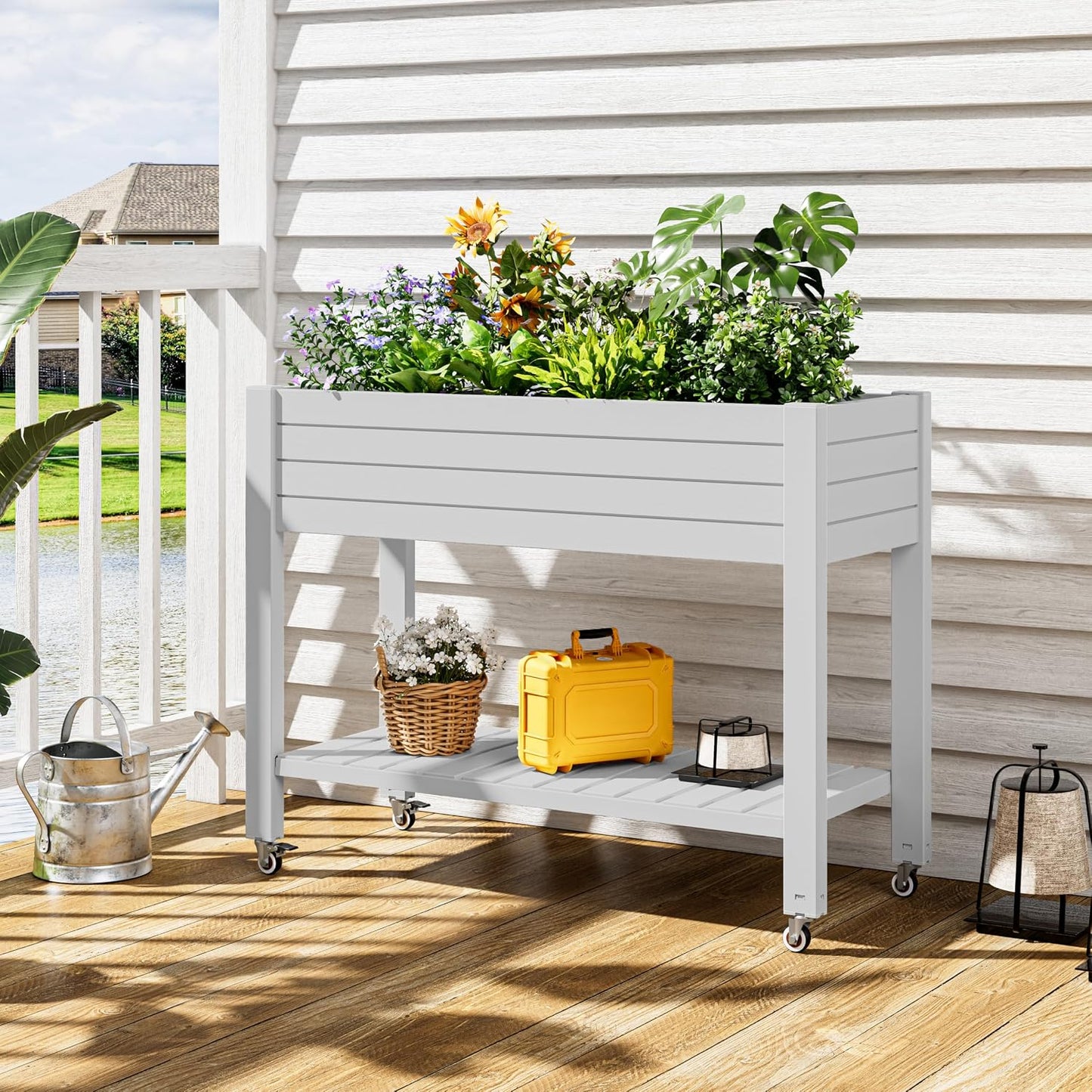 Resin Raised Garden Bed with Trellis and Wheels - Plasitc Planter Box with Trellis Outdoor with Drainage Holes & Water Monitor for Climbing Plants, Flower, Medium Gray(61.2" H)