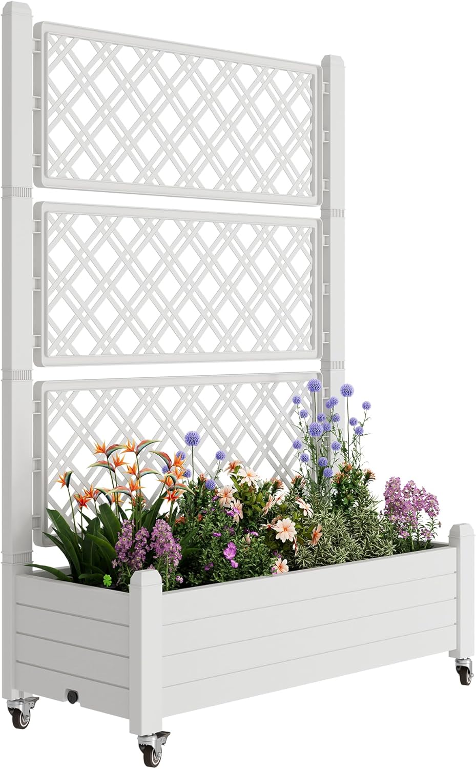Resin Raised Garden Bed with Trellis and Wheels - Plasitc Planter Box with Trellis Outdoor with Drainage Holes & Water Monitor for Climbing Plants, Flower, Medium Gray(61.2" H)