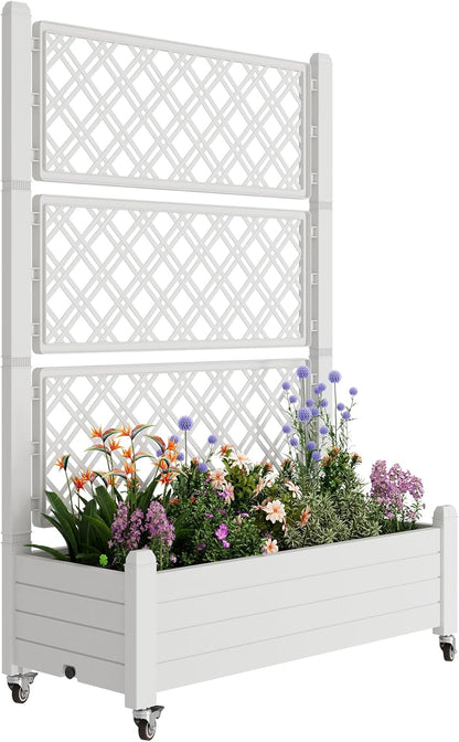 Resin Raised Garden Bed with Trellis and Wheels - Plasitc Planter Box with Trellis Outdoor with Drainage Holes & Water Monitor for Climbing Plants, Flower, Medium Gray(61.2" H)