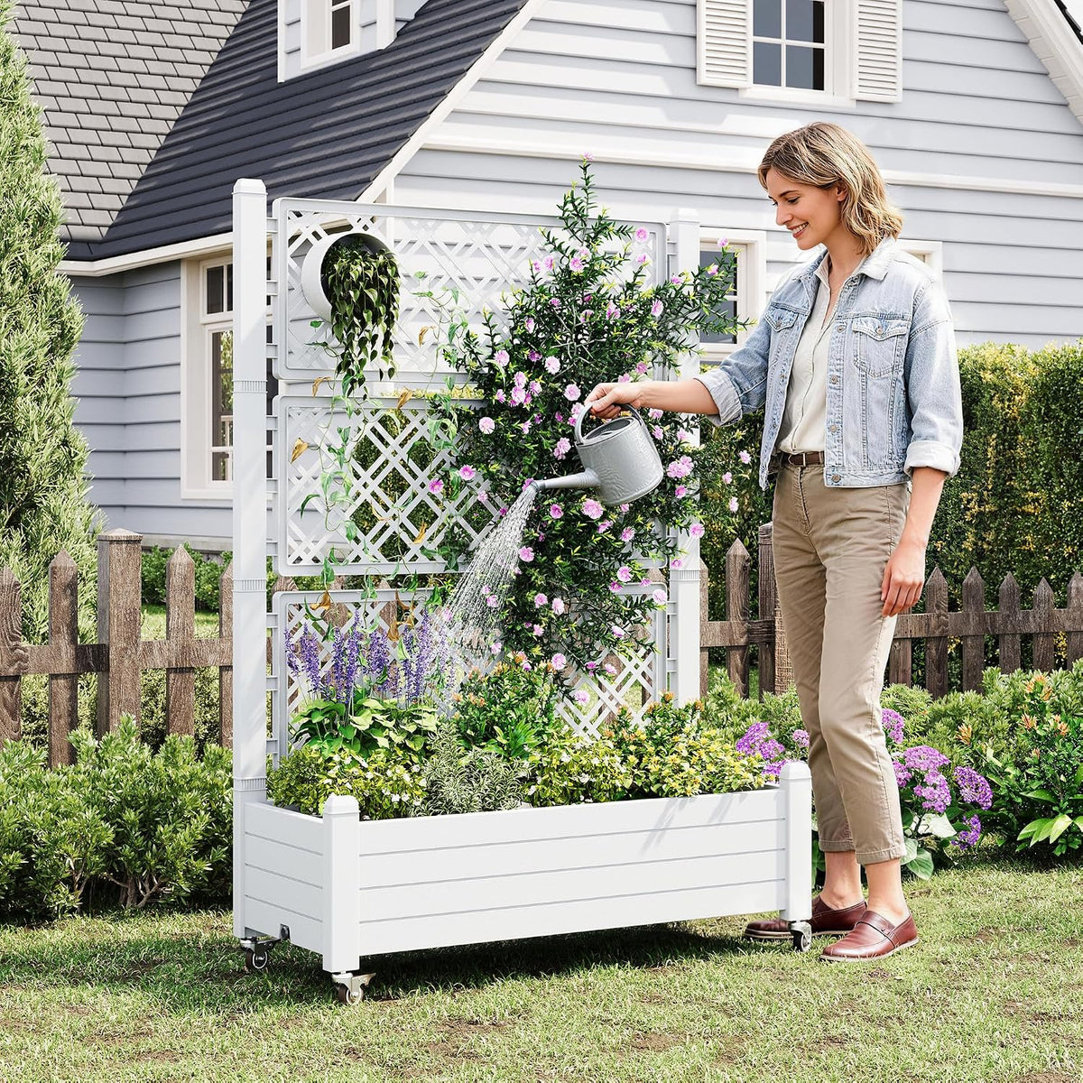 Resin Raised Garden Bed with Trellis and Wheels - Plasitc Planter Box with Trellis Outdoor with Drainage Holes & Water Monitor for Climbing Plants, Flower, Medium Gray(61.2" H)