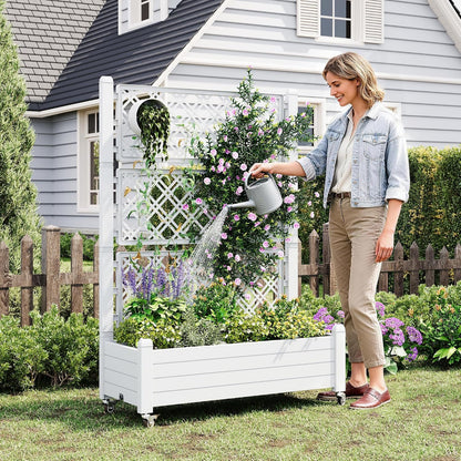 Resin Raised Garden Bed with Trellis and Wheels - Plasitc Planter Box with Trellis Outdoor with Drainage Holes & Water Monitor for Climbing Plants, Flower, Medium Gray(61.2" H)