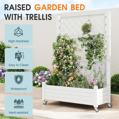 Resin Raised Garden Bed with Trellis and Wheels - Plasitc Planter Box with Trellis Outdoor with Drainage Holes & Water Monitor for Climbing Plants, Flower, Medium Gray(61.2" H)