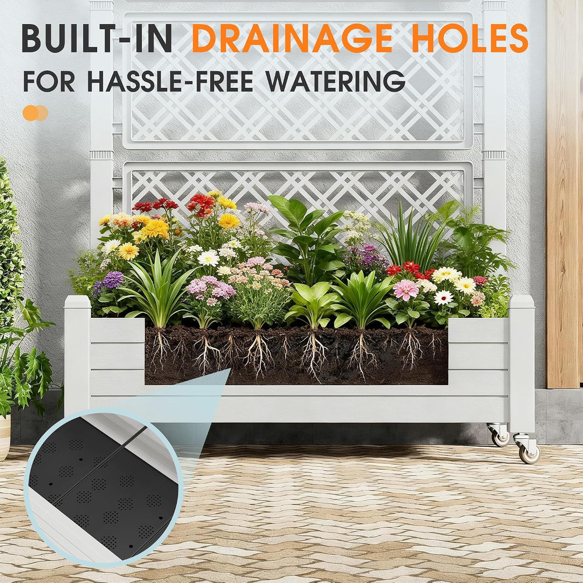Resin Raised Garden Bed with Trellis and Wheels - Plasitc Planter Box with Trellis Outdoor with Drainage Holes & Water Monitor for Climbing Plants, Flower, Medium Gray(61.2" H)