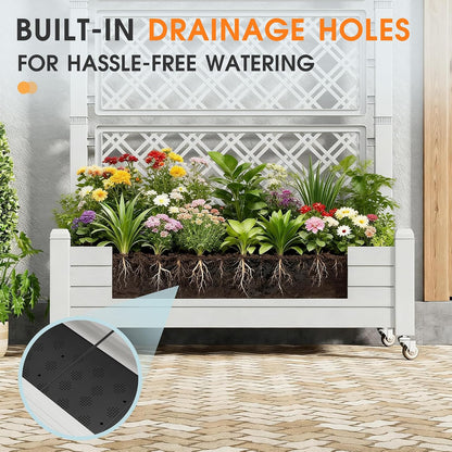 Resin Raised Garden Bed with Trellis and Wheels - Plasitc Planter Box with Trellis Outdoor with Drainage Holes & Water Monitor for Climbing Plants, Flower, Medium Gray(61.2" H)