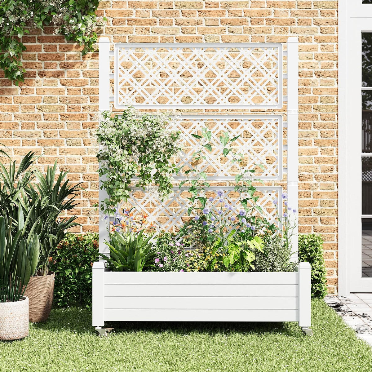 Resin Raised Garden Bed with Trellis and Wheels - Plasitc Planter Box with Trellis Outdoor with Drainage Holes & Water Monitor for Climbing Plants, Flower, Medium Gray(61.2" H)