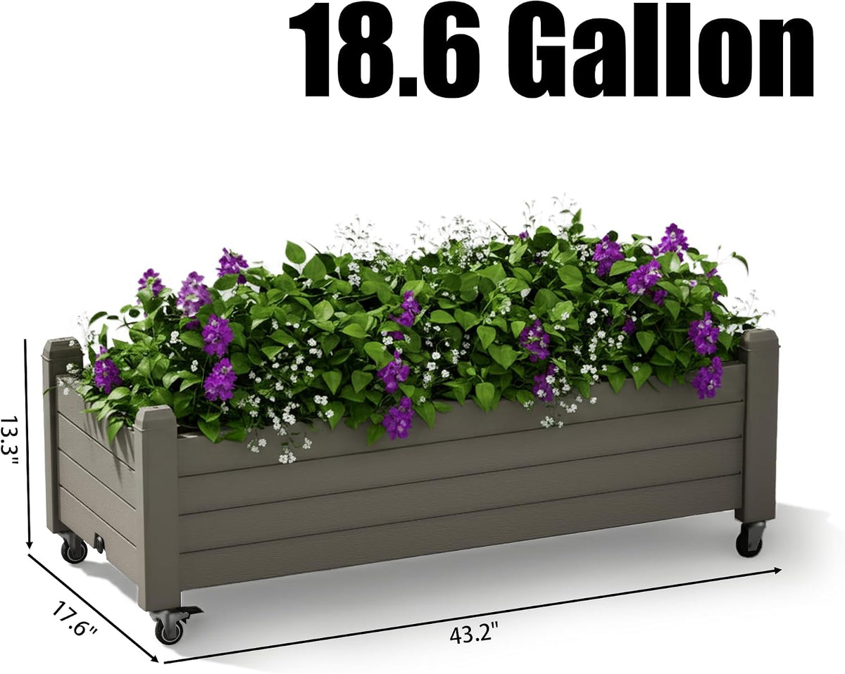 Resin Raised Garden Bed with Trellis and Wheels - Plasitc Planter Box with Trellis Outdoor with Drainage Holes & Water Monitor for Climbing Plants, Flower, Medium Gray(61.2" H)