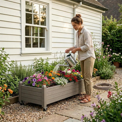 Resin Raised Garden Bed with Trellis and Wheels - Plasitc Planter Box with Trellis Outdoor with Drainage Holes & Water Monitor for Climbing Plants, Flower, Medium Gray(61.2" H)
