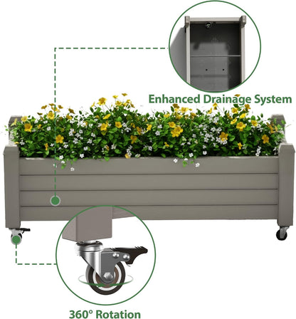 Resin Raised Garden Bed with Trellis and Wheels - Plasitc Planter Box with Trellis Outdoor with Drainage Holes & Water Monitor for Climbing Plants, Flower, Medium Gray(61.2" H)