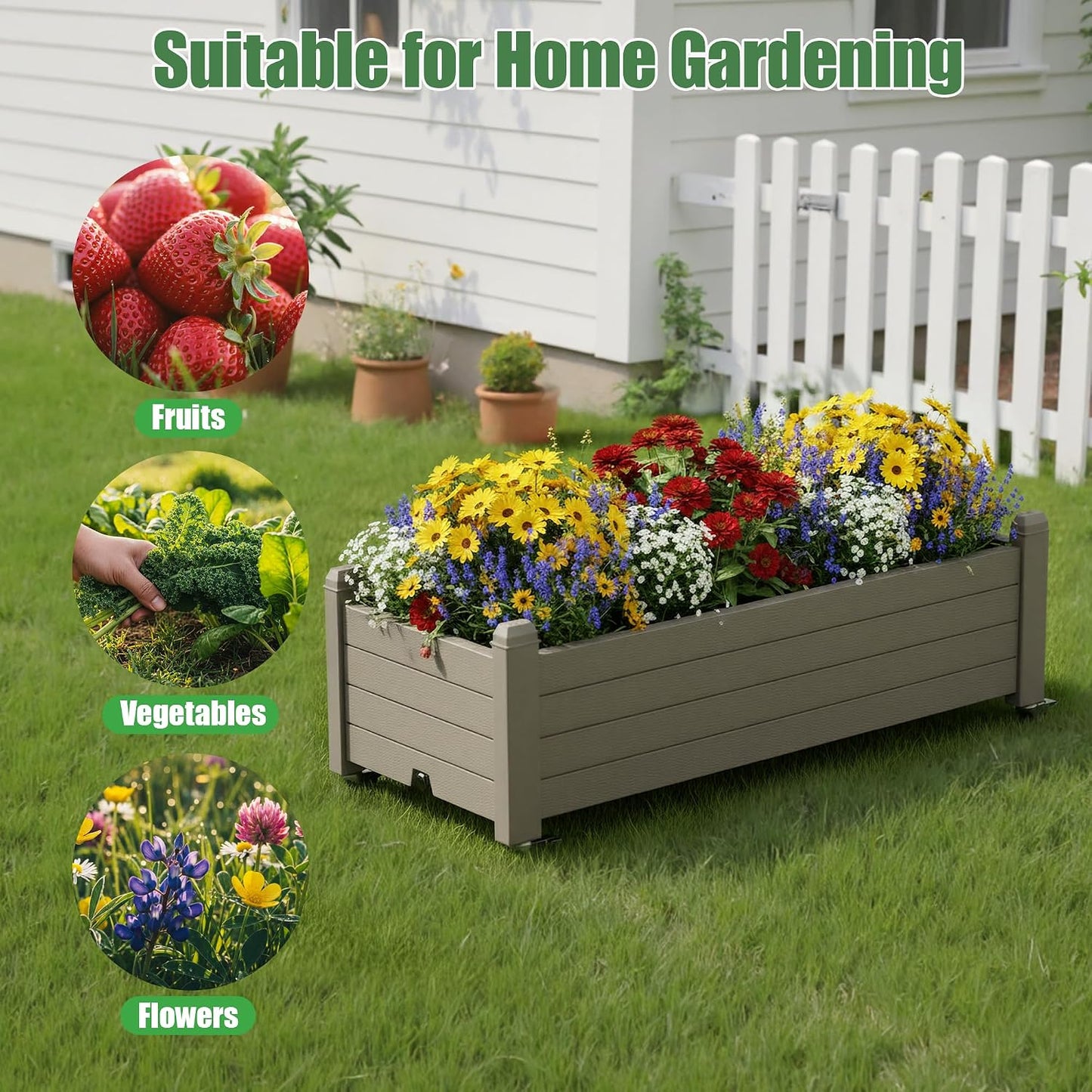 Resin Raised Garden Bed with Trellis and Wheels - Plasitc Planter Box with Trellis Outdoor with Drainage Holes & Water Monitor for Climbing Plants, Flower, Medium Gray(61.2" H)