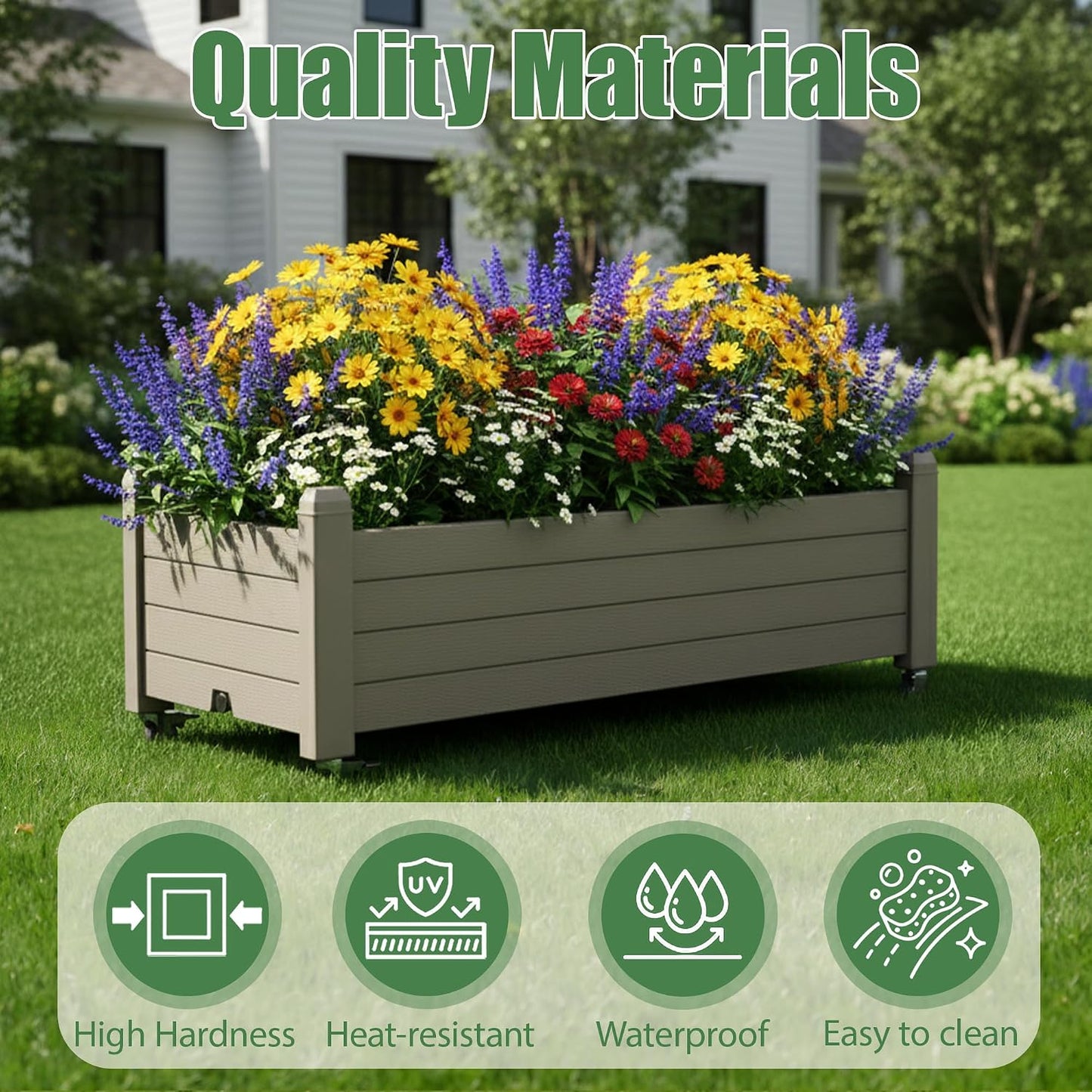 Resin Raised Garden Bed with Trellis and Wheels - Plasitc Planter Box with Trellis Outdoor with Drainage Holes & Water Monitor for Climbing Plants, Flower, Medium Gray(61.2" H)