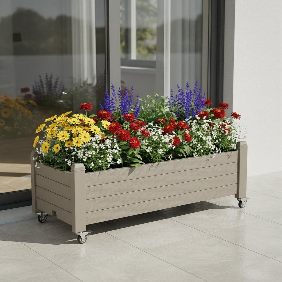Resin Raised Garden Bed with Trellis and Wheels - Plasitc Planter Box with Trellis Outdoor with Drainage Holes & Water Monitor for Climbing Plants, Flower, Medium Gray(61.2" H)