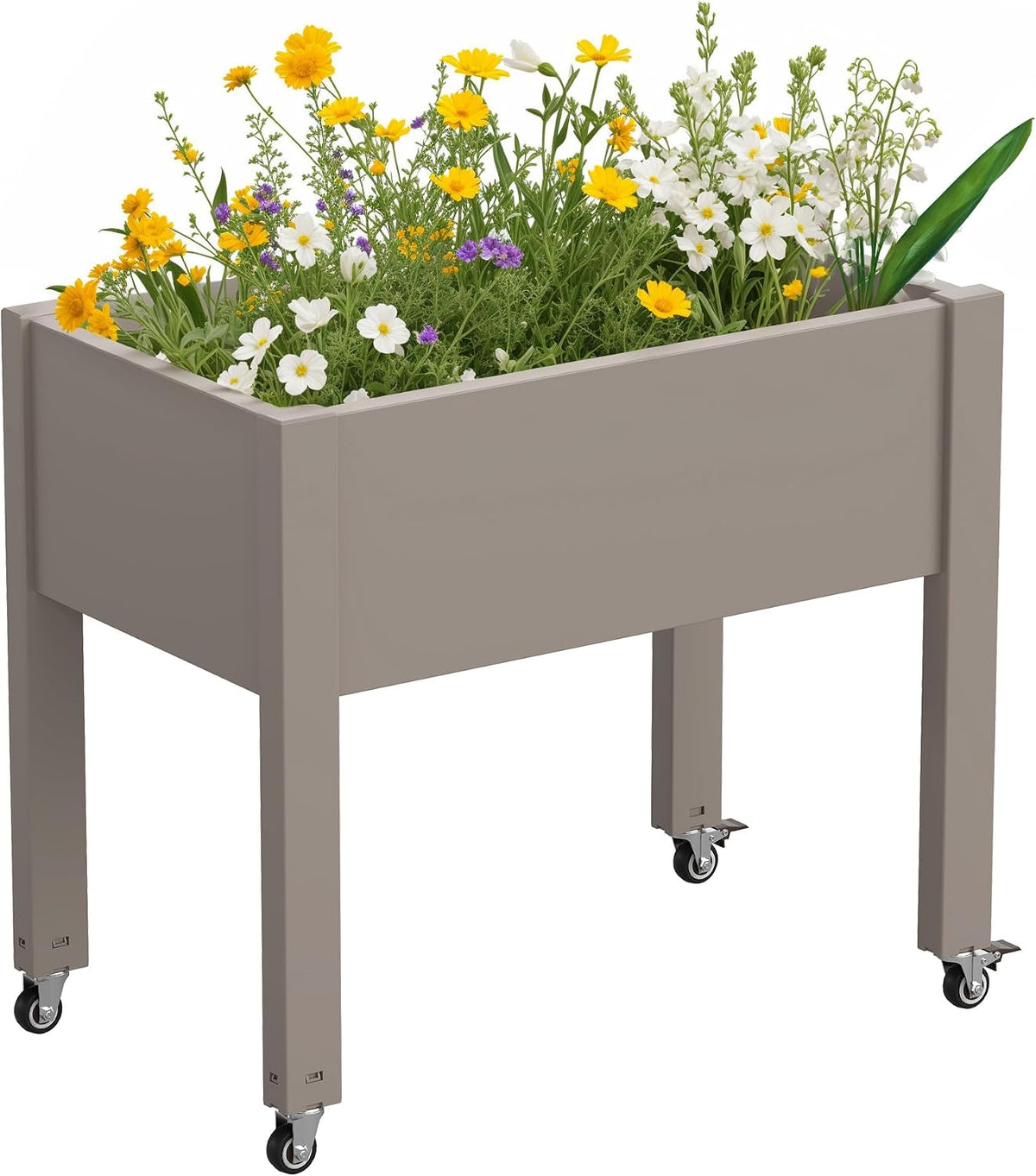 Resin Raised Garden Bed with Trellis and Wheels - Plasitc Planter Box with Trellis Outdoor with Drainage Holes & Water Monitor for Climbing Plants, Flower, Medium Gray(61.2" H)