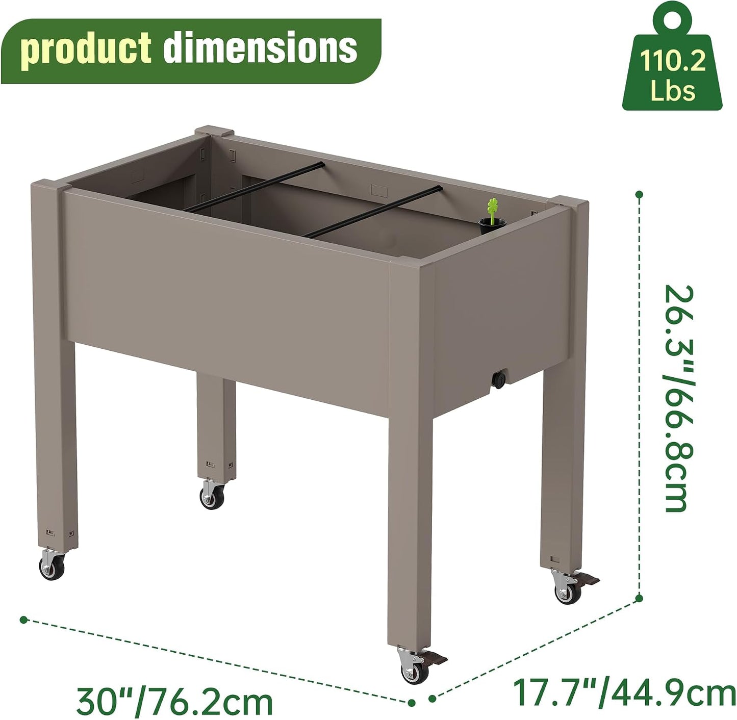 Resin Raised Garden Bed with Trellis and Wheels - Plasitc Planter Box with Trellis Outdoor with Drainage Holes & Water Monitor for Climbing Plants, Flower, Medium Gray(61.2" H)